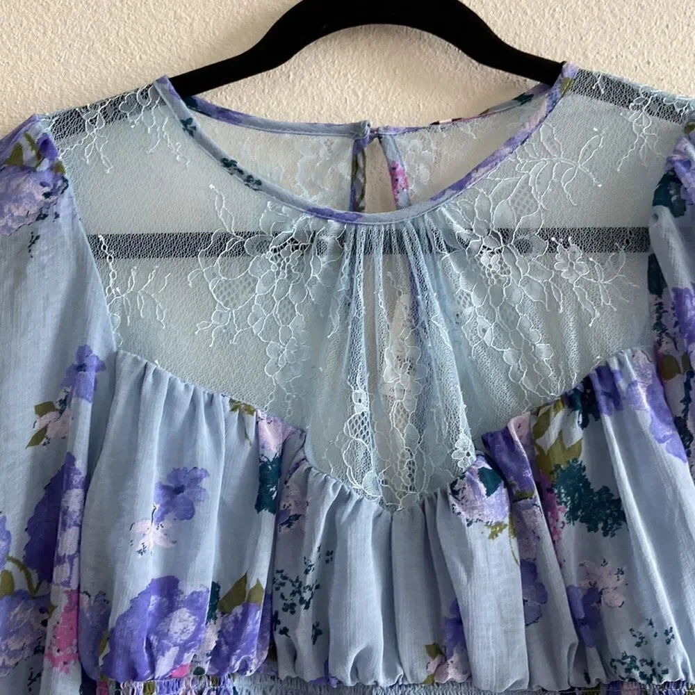 Free People Daphne Blouse in Silver Blue Combo NWT Sz S
